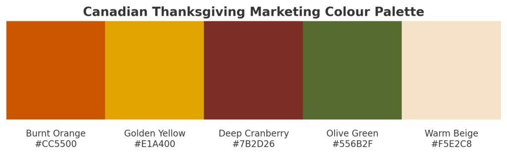 Canadian Thanksgiving colour palette with warm fall tones of burnt orange, golden yellow, cranberry, olive green, and beige.