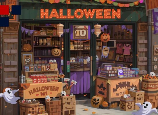 Festive storefront decorated for Halloween with pumpkins, ghosts, and seasonal treats on display.