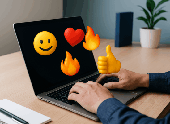 A realistic photo of a marketer working on a laptop with emojis like a smiley, heart, flame, and thumbs-up emerging from the screen, representing creative social media marketing.