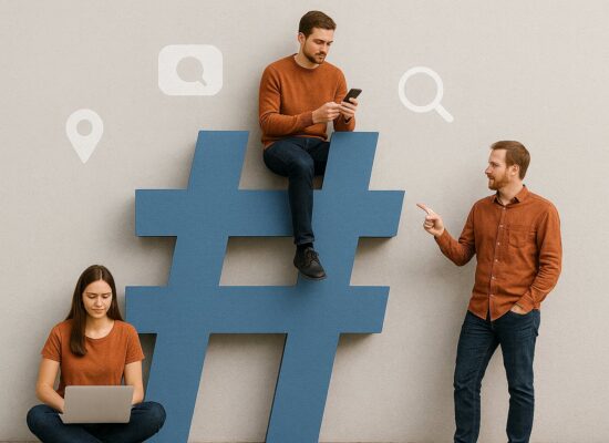 Three people interacting with a large blue hashtag symbol against a neutral wall with social media icons, representing modern digital communication.