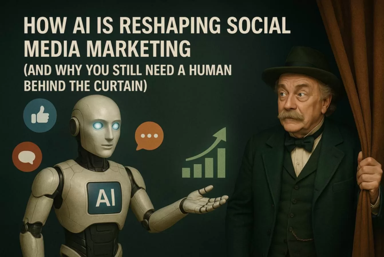 Image of an AI robot talking to the wizard of oz holding a curtain with the text How AI Is Reshaping Social Media Marketing (And Why You Still Need a Human Behind the Curtain)