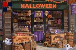 Festive storefront decorated for Halloween with pumpkins, ghosts, and seasonal treats on display.