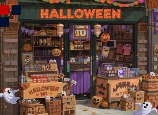Festive storefront decorated for Halloween with pumpkins, ghosts, and seasonal treats on display.