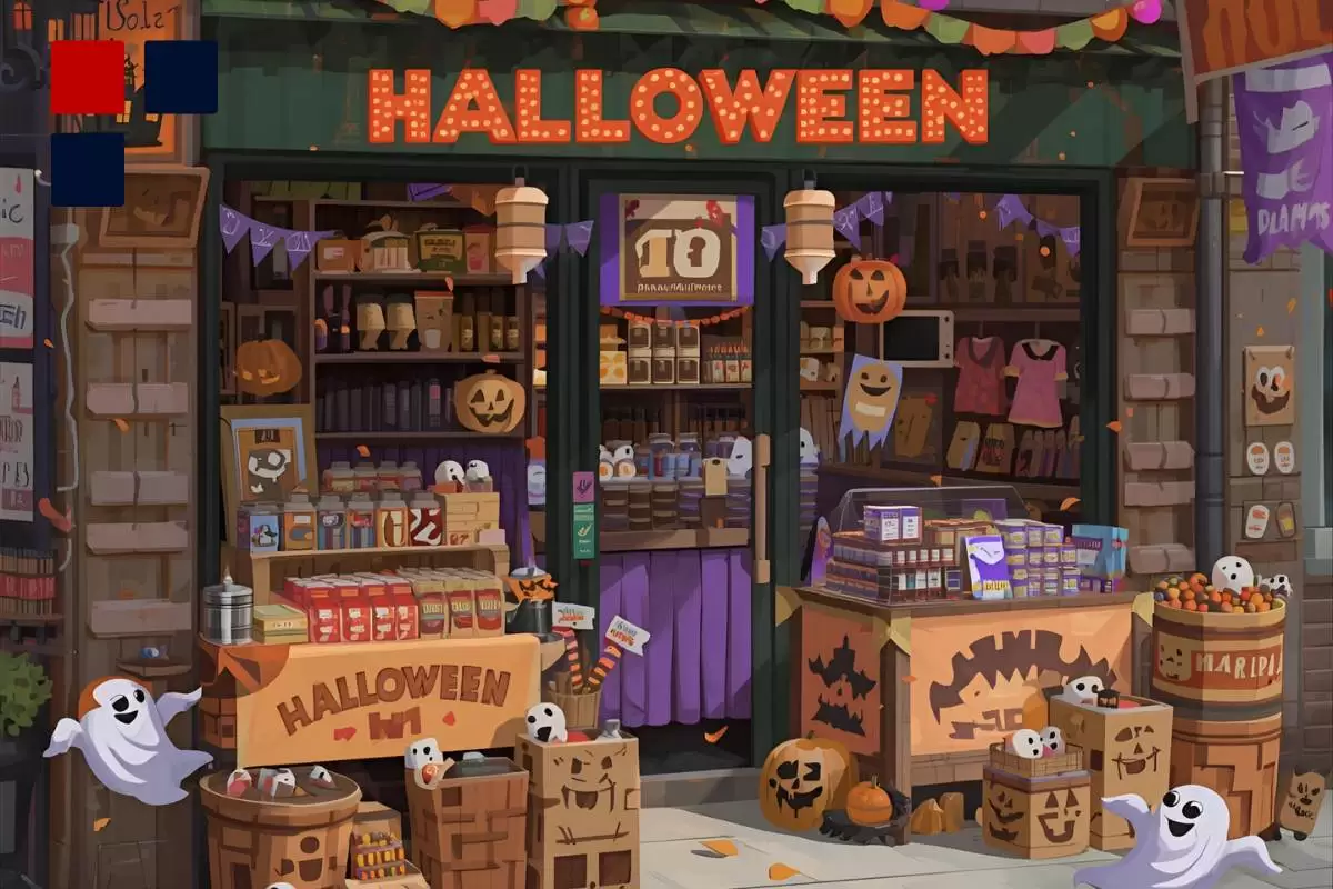 Festive storefront decorated for Halloween with pumpkins, ghosts, and seasonal treats on display.