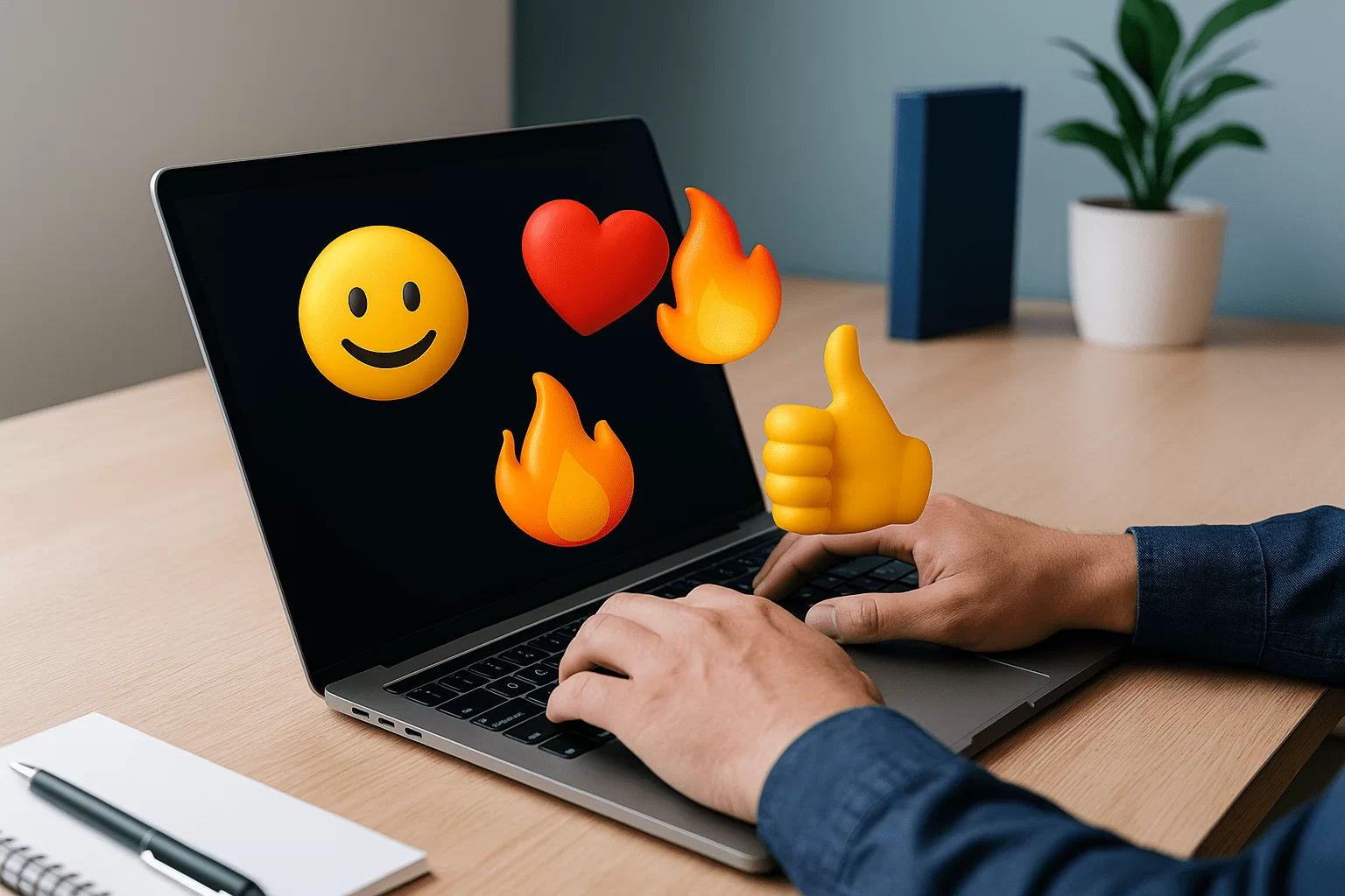 A realistic photo of a marketer working on a laptop with emojis like a smiley, heart, flame, and thumbs-up emerging from the screen, representing creative social media marketing.
