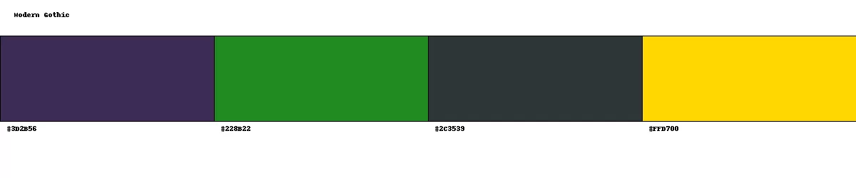 Modern Gothic color palette with plum, emerald green, gunmetal gray, and antique gold hex codes.