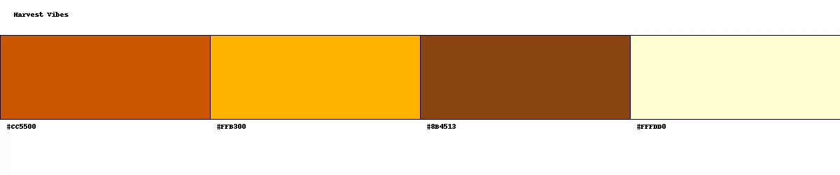 Harvest Vibes color palette featuring burnt orange, golden yellow, warm brown, and cream hex codes.