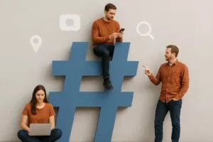 Three people interacting with a large blue hashtag symbol against a neutral wall with social media icons, representing modern digital communication.