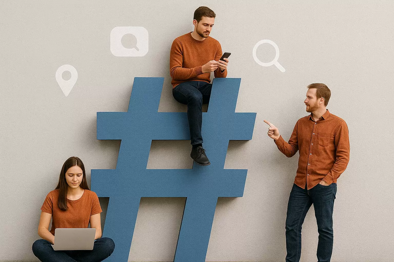 Three people interacting with a large blue hashtag symbol against a neutral wall with social media icons, representing modern digital communication.