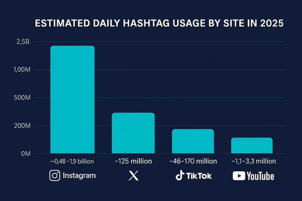 Infographic showing estimated daily hashtag usage by social media platforms in 2025, including Instagram, X (formerly Twitter), TikTok, and YouTube, displayed as bars on a dark blue background.